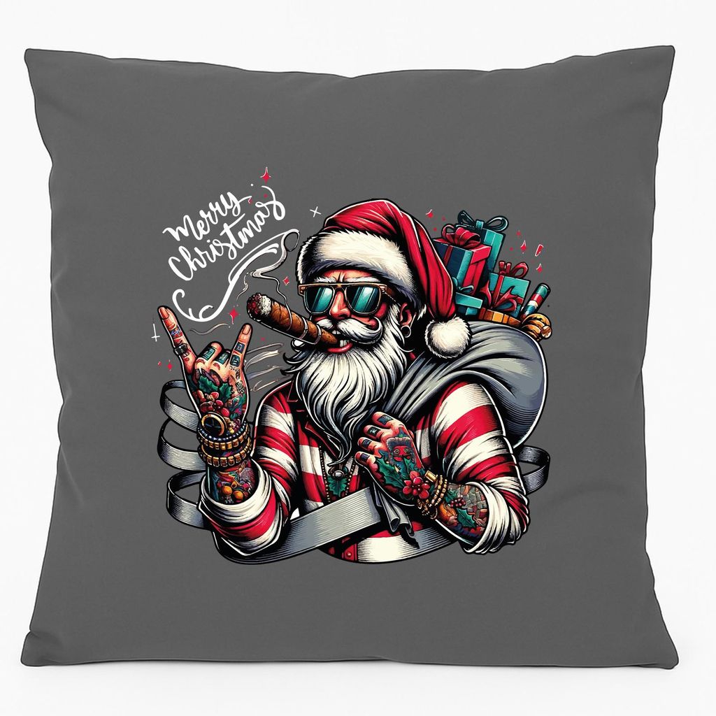 Huuraa Kissen Cooler Weihnachtsmann Merry Christmas 40x40cm mit Füllung Steel Grey Baumwolle Dekokissen Geschenkidee