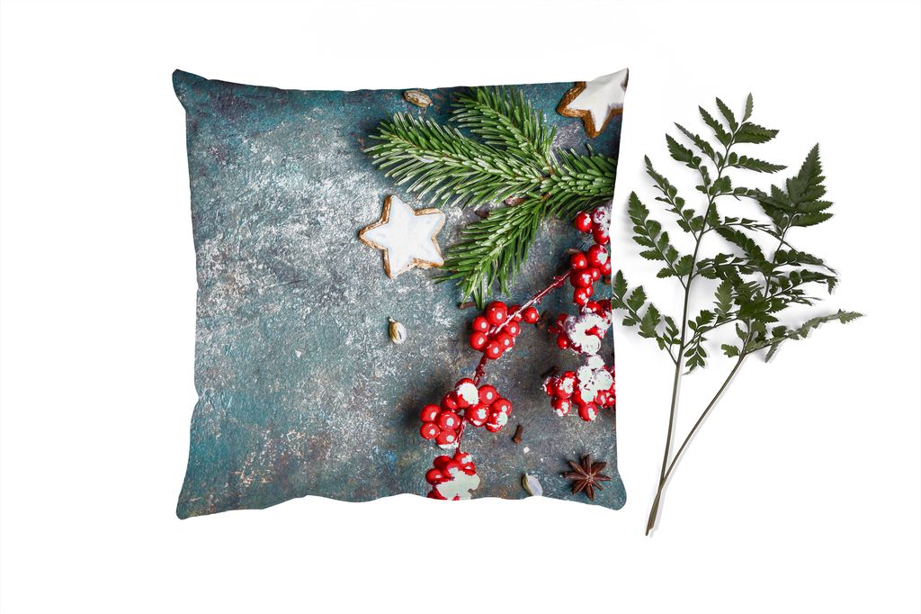 MuchoWow Zierkissen Sofakissen Wohnzimmer Dekokissen 40x40 cm Weihnachten - Rustikal - Zweige - Sternanis - Beeren - Rot - Foto Kissen - Schlafzi...