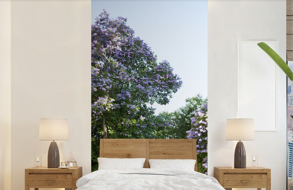 MuchoWow Fototapete für Wohnzimmer oder Schlafzimmer Wandtapete Vinyl Motivtapete Ein Garten mit duftenden Fliederbäumen - 120x240 cm - Hinterg...