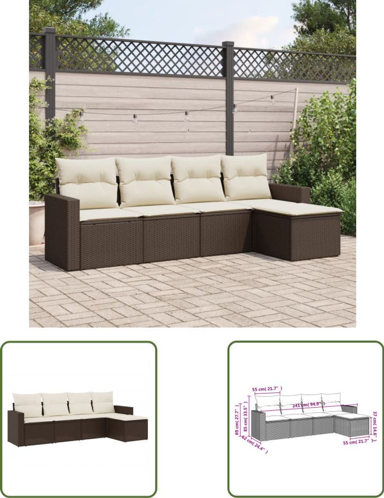 The Living Store 5-tlg. Garten-Sofagarnitur mit Kissen Braun Poly Rattan