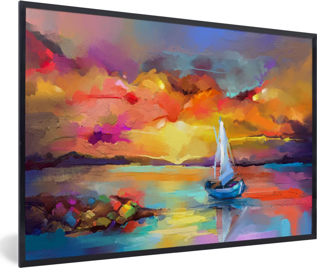 MuchoWow Gerahmtes Poster Malerei - Ölfarbe - Boot - Farben 30x20 cm - Poster mit Schwarzem Bilderrahmen Wandposter Rahmen Foto Bilder - Kunstdr...