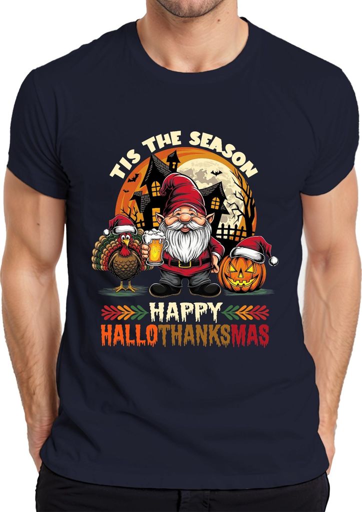 Happy Hallothanksmas Gnome Turkey Jack O Lantern Haunted Pumpkin Herren T-Shirt, Navy, S