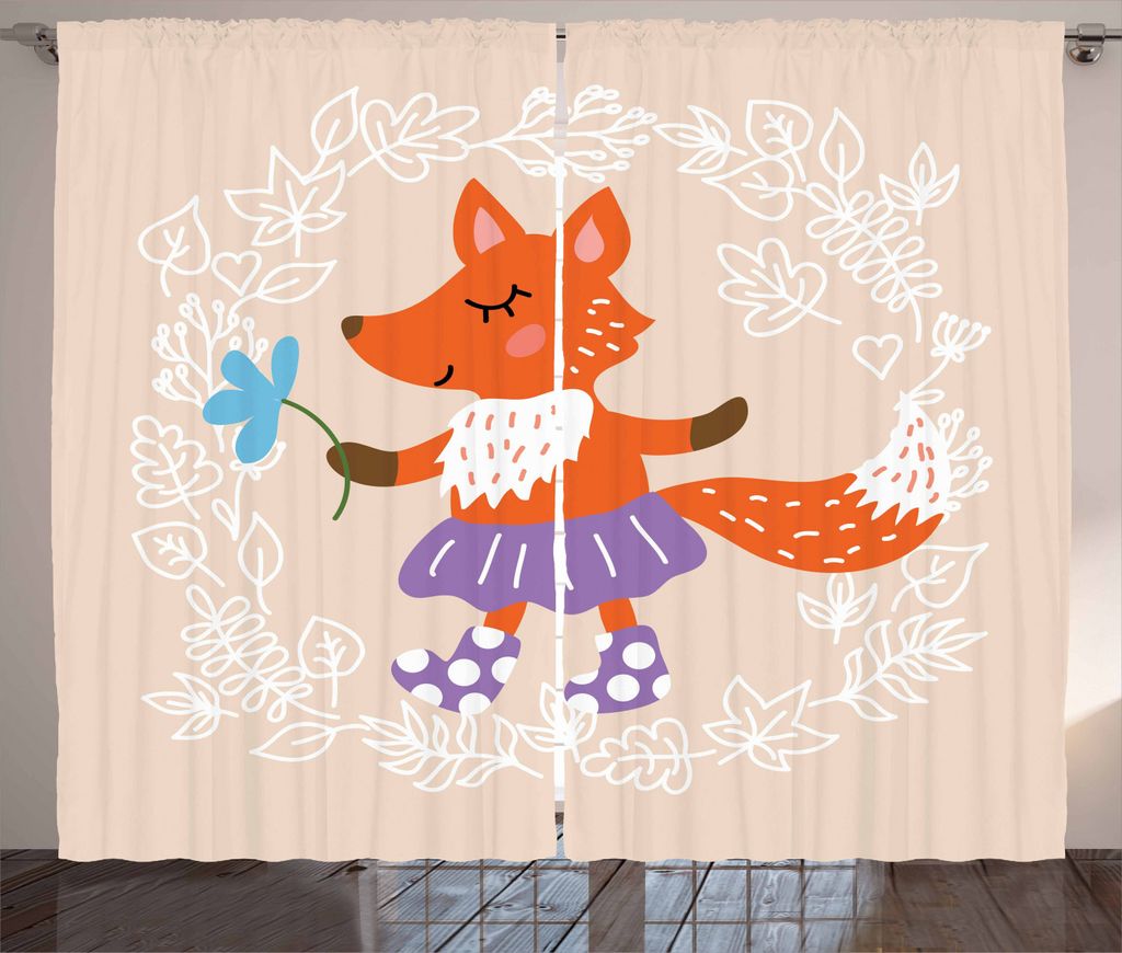 ABAKUHAUS Retro Rustikaler Gardine, Fox mit Kleidung Blumen, Schlafzimmer Kräuselband Vorhang mit Schlaufen und Haken, 280 x 225 cm, Mehrfarbig