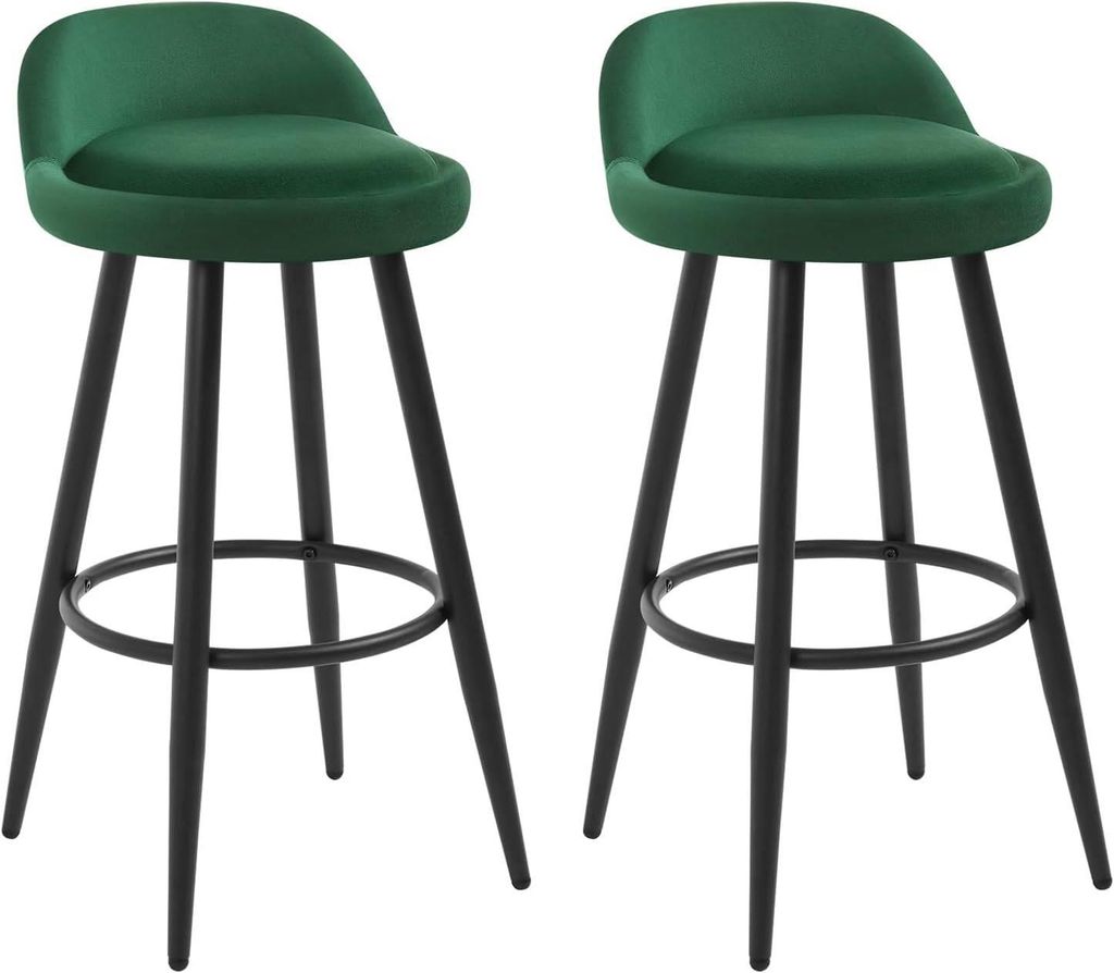 Two dark green velvet bar stools with black metal legs are shown against a white background.