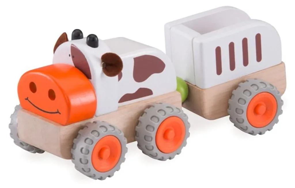Jouet d'éveil : tracteur avec remorque et vache pour petits fermiers