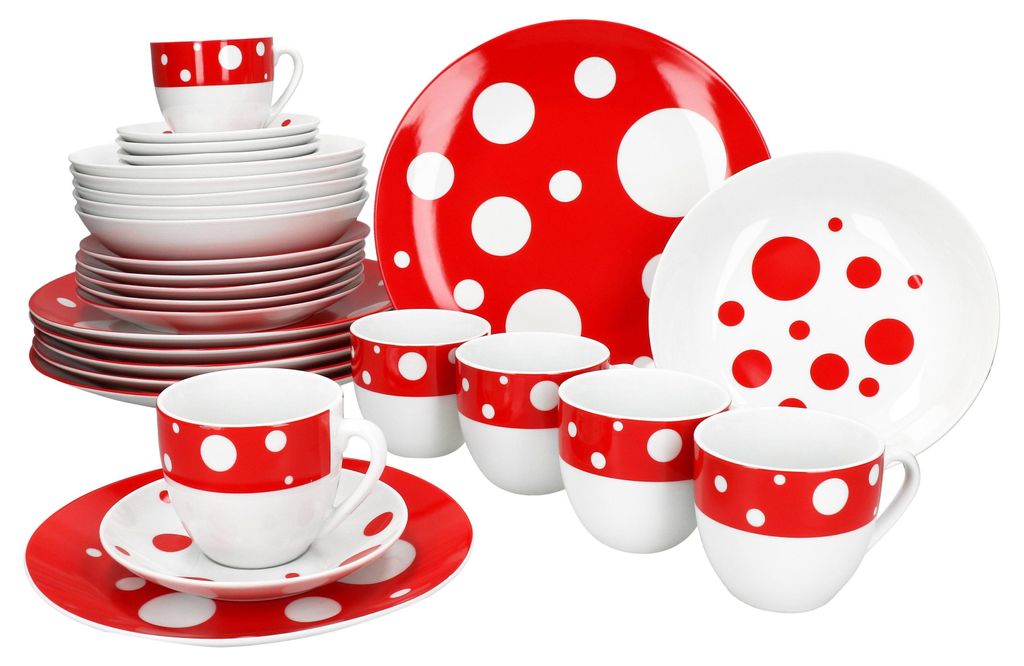 Servizio combinato Pula rosso 30 pezzi stoviglie a pois Immagine del prodotto 