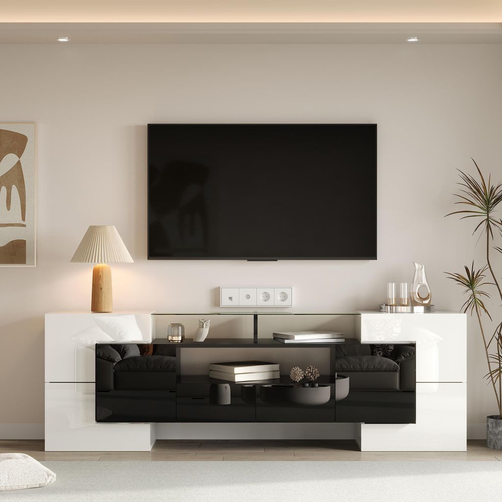 Eleganter TV-Ständer mit niedriger Frontblende. Glänzend schwarz-weiß, 200 cm, LED-Beleuchtung, Wohnzimmermöbel. Modernes Design. Elegante Glas...