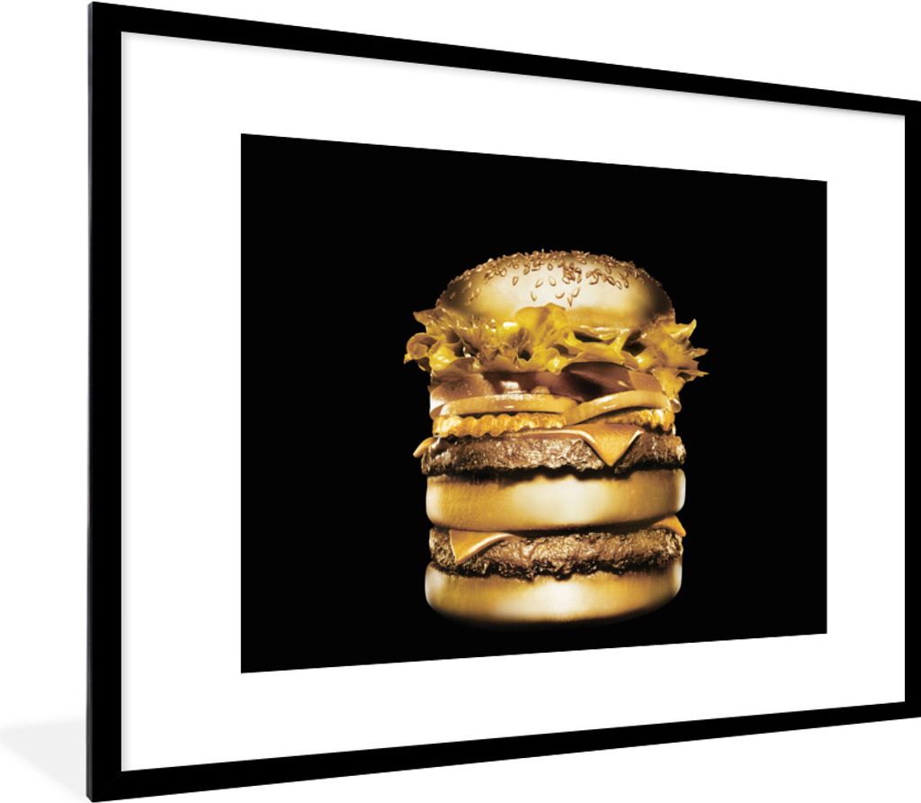 MuchoWow Gerahmtes Poster Goldener Hamburger auf schwarzem Hintergrund. 80x60 cm - Poster mit Schwarzem Bilderrahmen Wandposter Rahmen Foto Bilde...