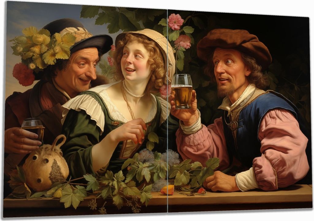 Wallario Herdabdeckplatte aus Glas, Größe 80 x 52 cm 2-teilig, Motiv Fröhliche Gesellschaft