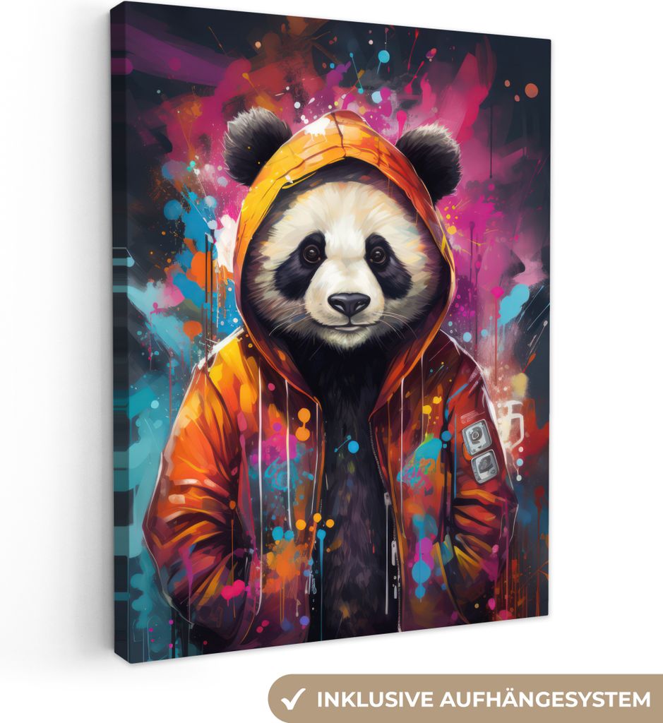 Leinwandbilder 60x80 cm - Graffiti - Panda - Mantel - Orange, Bilder Wohnzimmer Modern, Wanddeko