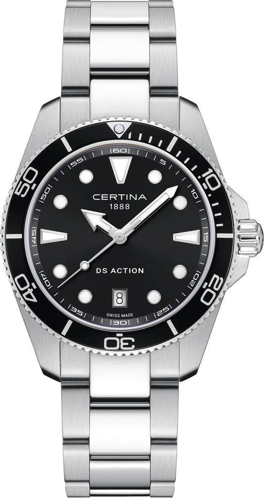 A close-up studio shot of a silver and black wristwatch.