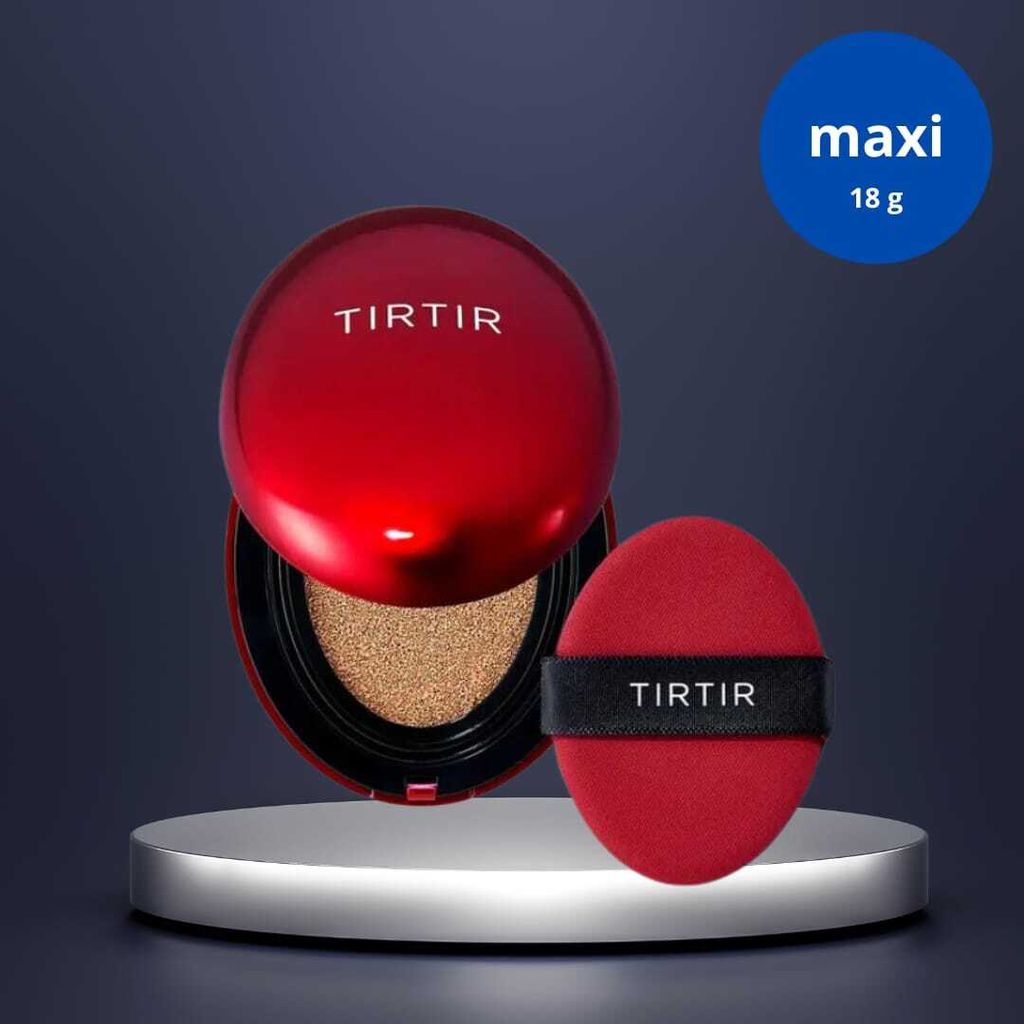 A red TIRTIR cushion foundation compact and its applicator are displayed on a silver platform against a dark background.