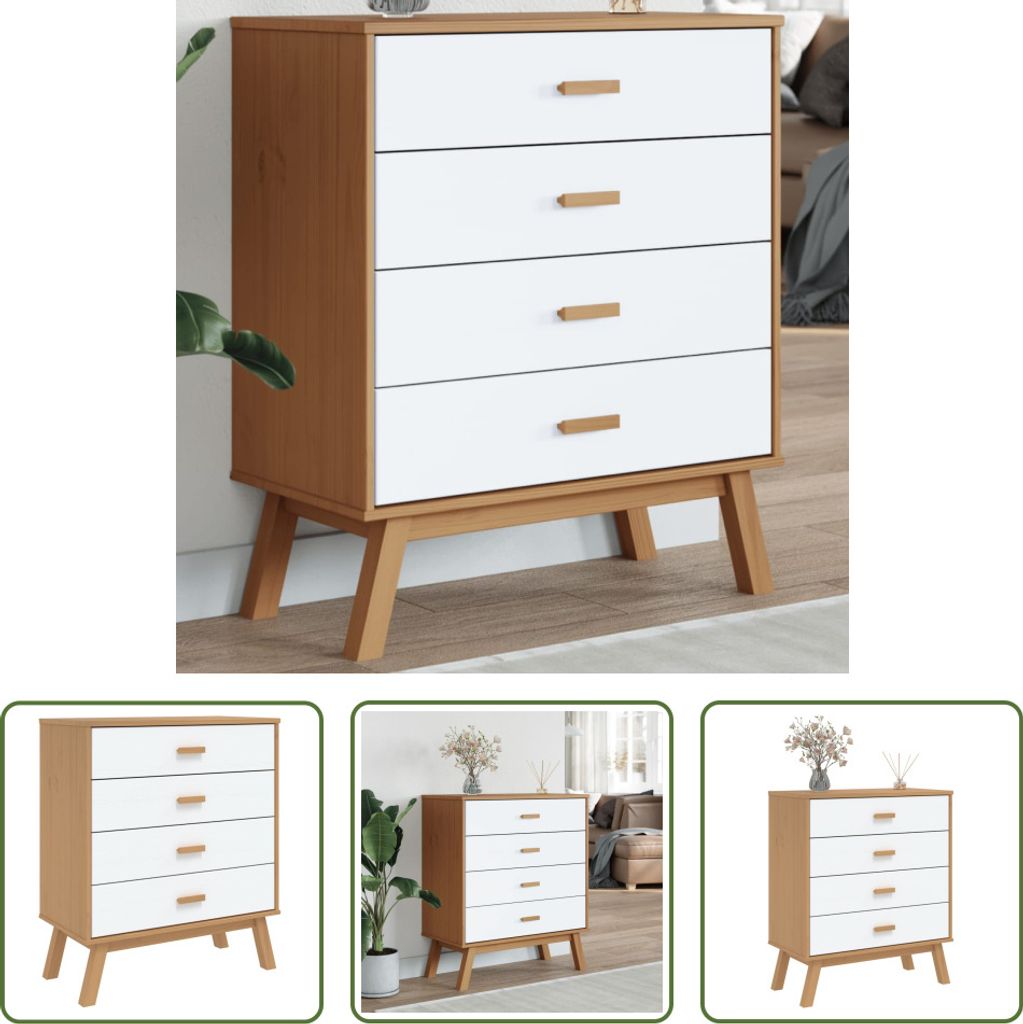 The Living Store Schubladenschrank OLDEN Weiß und Braun Massivholz Kiefer