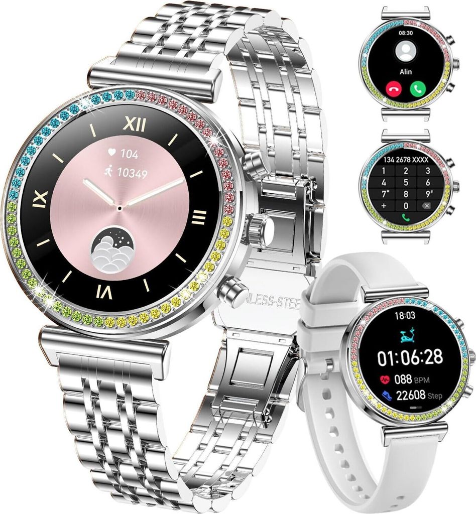 Damen, 1,25 Zoll HD Display, Bluetooth-Anrufe, wasserdichte Sport Damen Smartwatch, Pulsmesser, Schrittzähler, Kompatibel mit Android und iOS