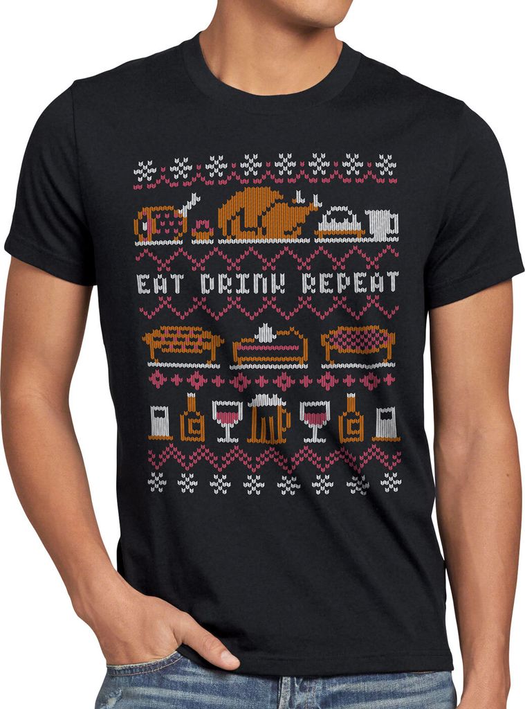 style3 Eat Drink Repeat Ugly Sweater Herren T-Shirt weihnachtsessen fressen feiertage x-mas pulli