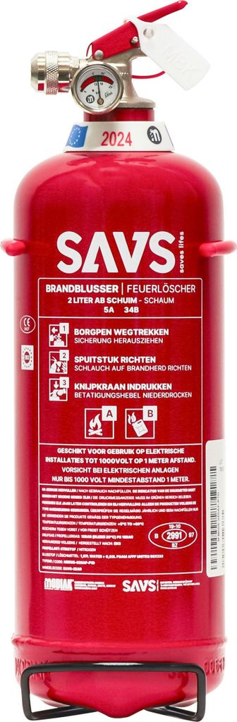 SAVS Feuerlöscher Schaum 2 Liter - 5A 34B - Mit Halterung - Europäische Produktion - Schaumlöscher