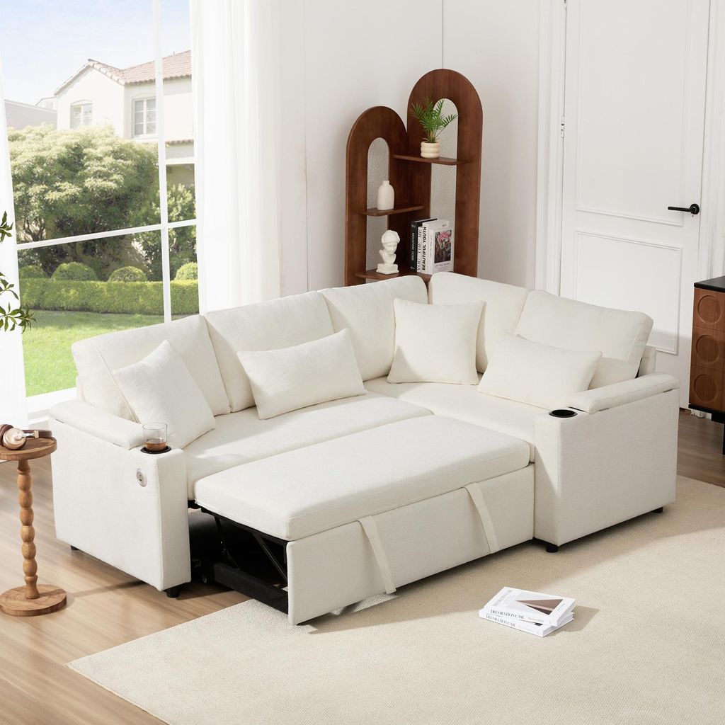 MODFU L-förmiges Schlafsofa, Multifunktionssofa mit Stauraum und USB-Ladeanschluss, Ausziehbares Ecksofa mit Getränkehalter, Armlehnenablage und ...