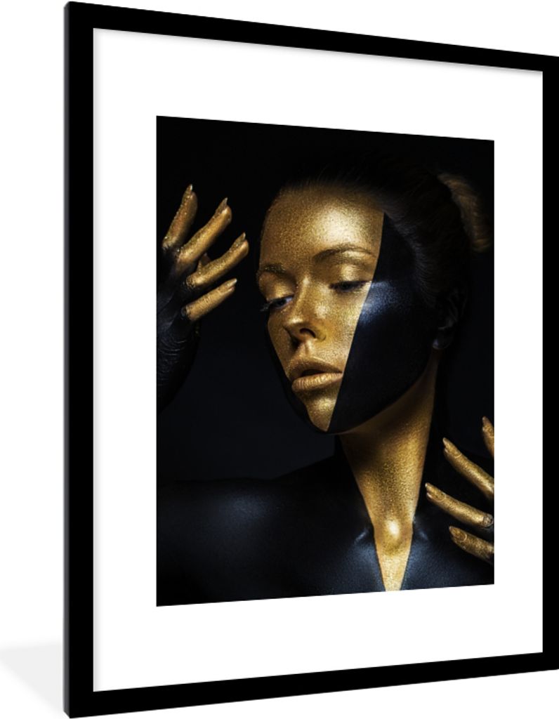 MuchoWow Gerahmtes Poster Make-up - Kunst - Frau - Luxus - Gold 60x80 cm - Poster mit Schwarzem Bilderrahmen Wandposter Rahmen Foto Bilder - Wohn...