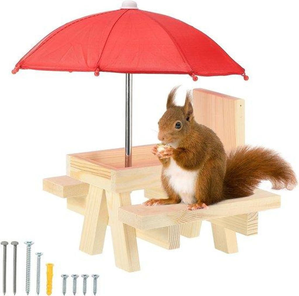 Holzpicknicktisch mit roter Sonnenschirm für draußen