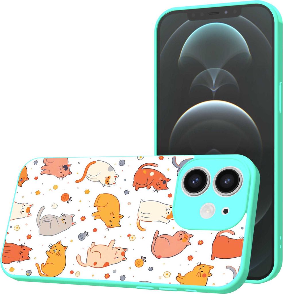 Smartphonica Telefon Fall geeignet für iPhone 12 mit Katzen und Katzen Impressum - TPU zurück Abdeckung Fall Katzen Design - Türkis