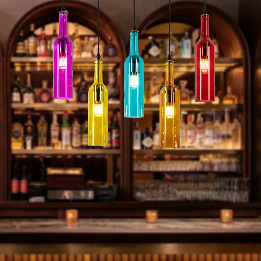 Lampada a sospensione a forma di bottiglia di vino - 5 luci - Regolabile in altezza 150 cm - Attacco E27 - Dimmerabile - Vetro - Senza lampadina - Multicolore - 2