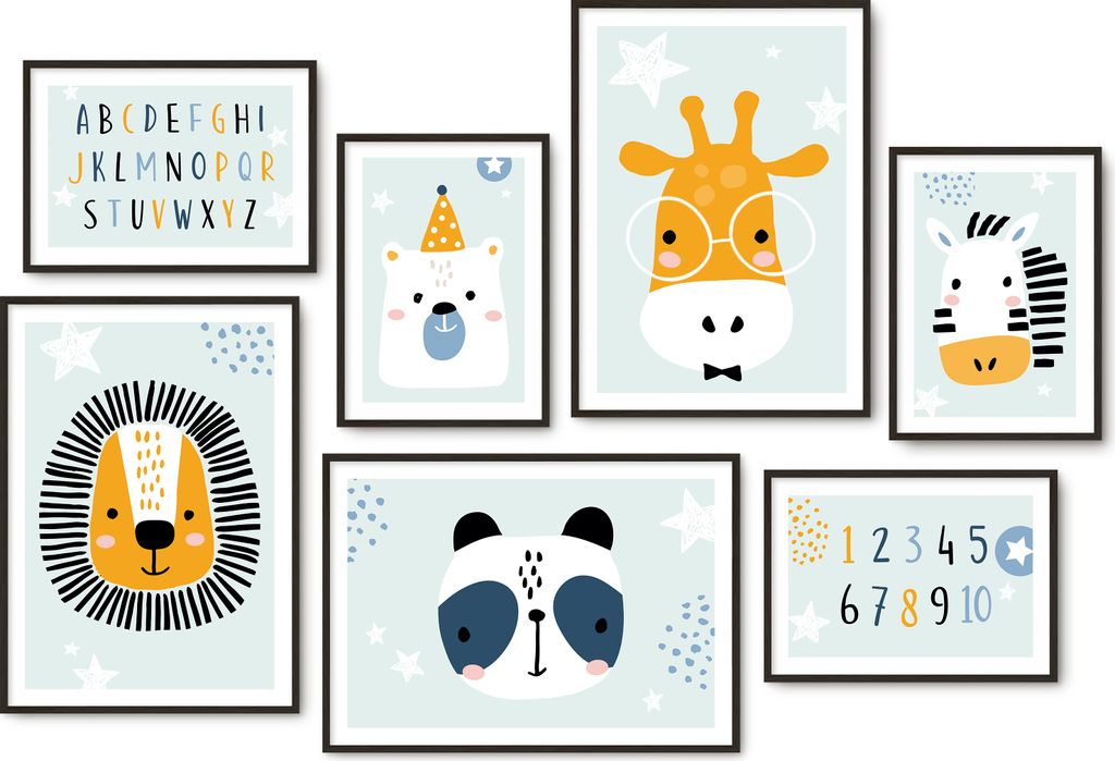 Hyggelig Home Premium Poster Set - 7 passende Bilder OHNE RAHMEN im stilvollen Set 3 x DIN A3 + 4 x DIN A4 - Set Giraffe, Option:mit Rahmenset schwarz