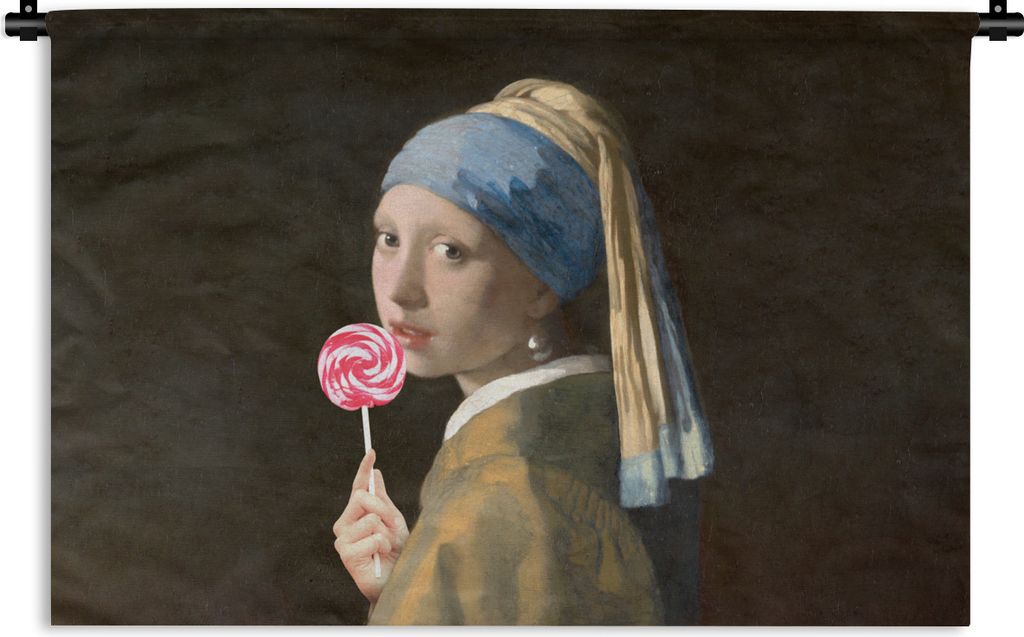 MuchoWow Wandteppich Wandbehang Mädchen mit Perlenohrring - Johannes Vermeer - Lollipop 150x100 cm Tapisserie Dekoration Wandtuch - Waschbar - T...