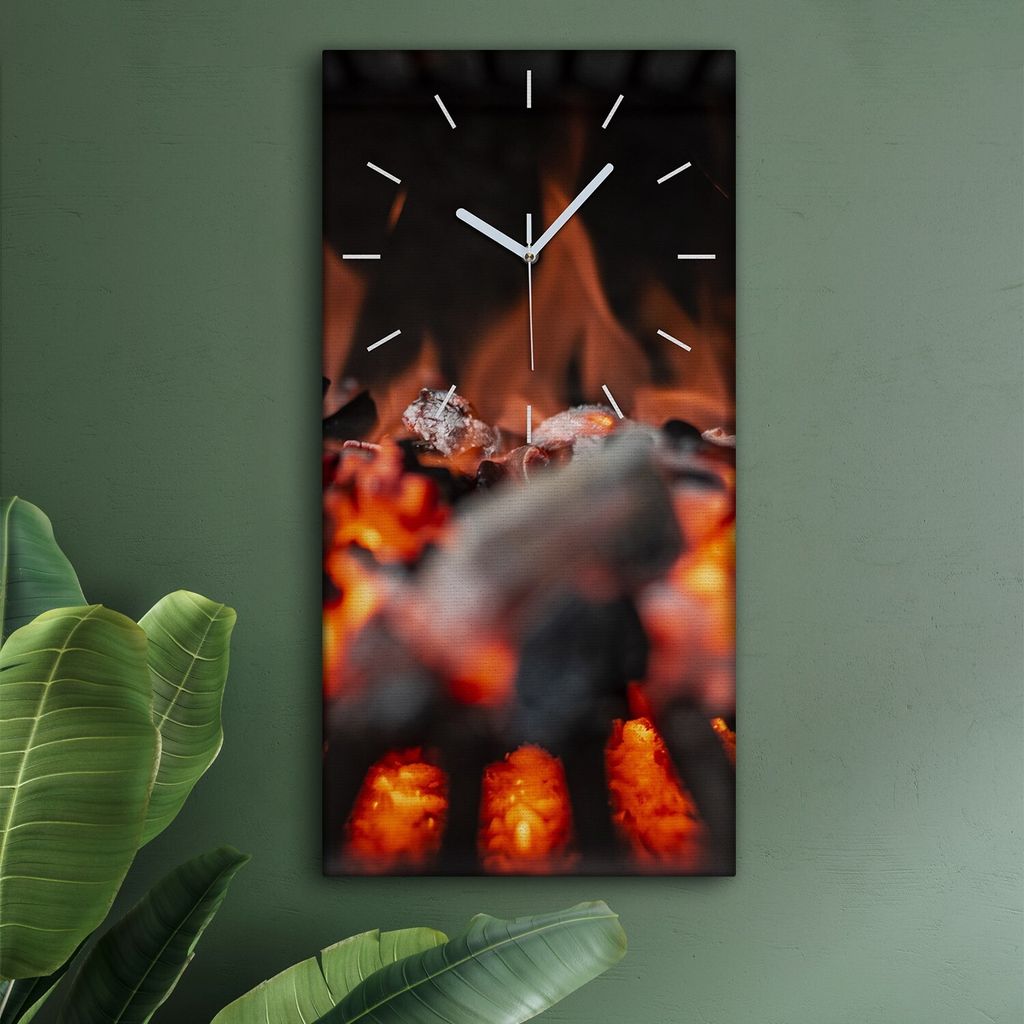 Wohnzimmer Leinwand Uhr Geräuschlos Küche 30x60 Grill, Feuer, Glut, Motive, weiße Zeiger