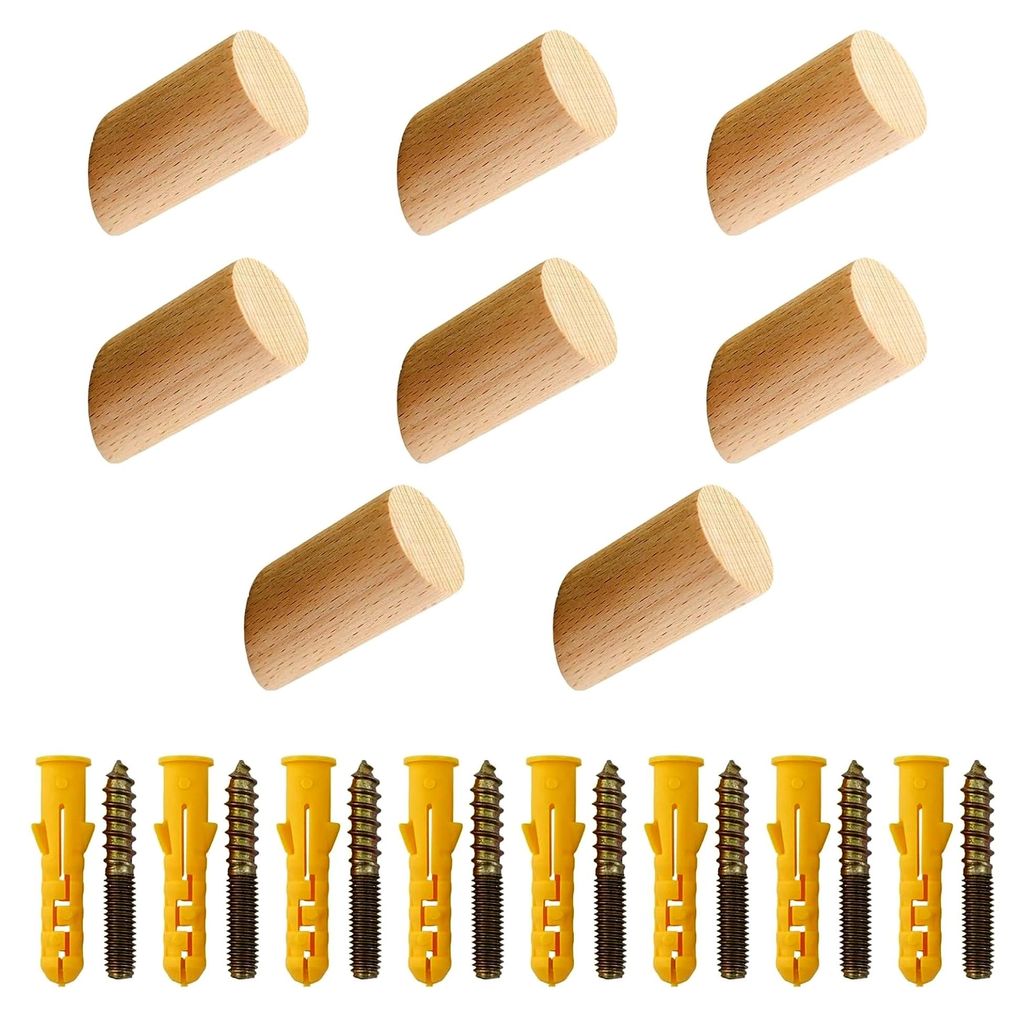 8 Stück Kleiderhaken Holz Rund, Kleiderhaken Einzeln Buche Garderobenhaken mit Schrauben, Holzhaken Wand Multifunktionale für Flur Wohnzimmer Sch...