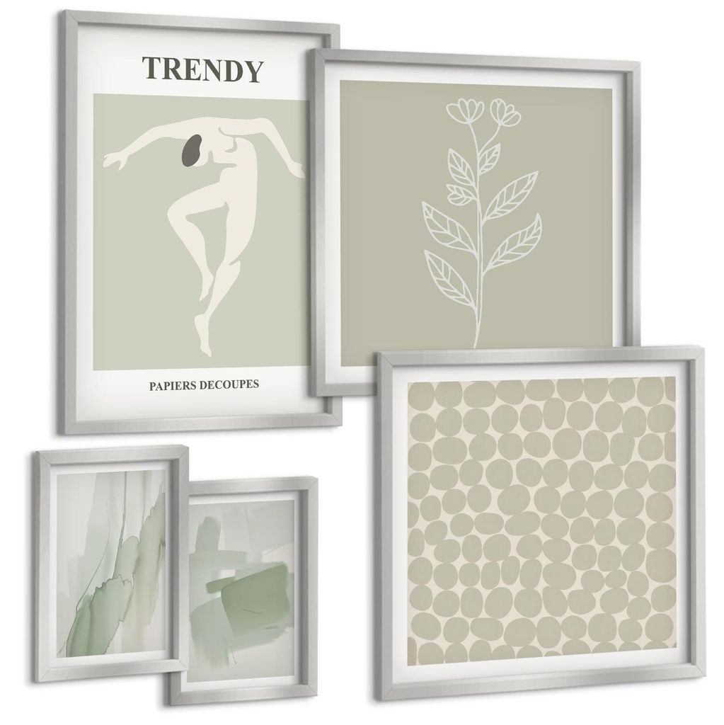 Bilder Set 5-teilig im silbergerahmten Rahmen – Wandbilder 5 Stück – gerahmte Poster für Wohnzimmer, Schlafzimmer und Flur – 50x50 cm - 40x...