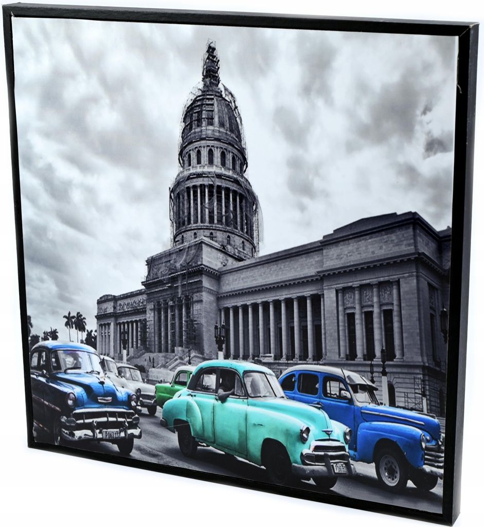 Wandbild Havanna Autos 30x30cm - Kuba Oldtimer Bild im Holzrahmen Vintage Deko