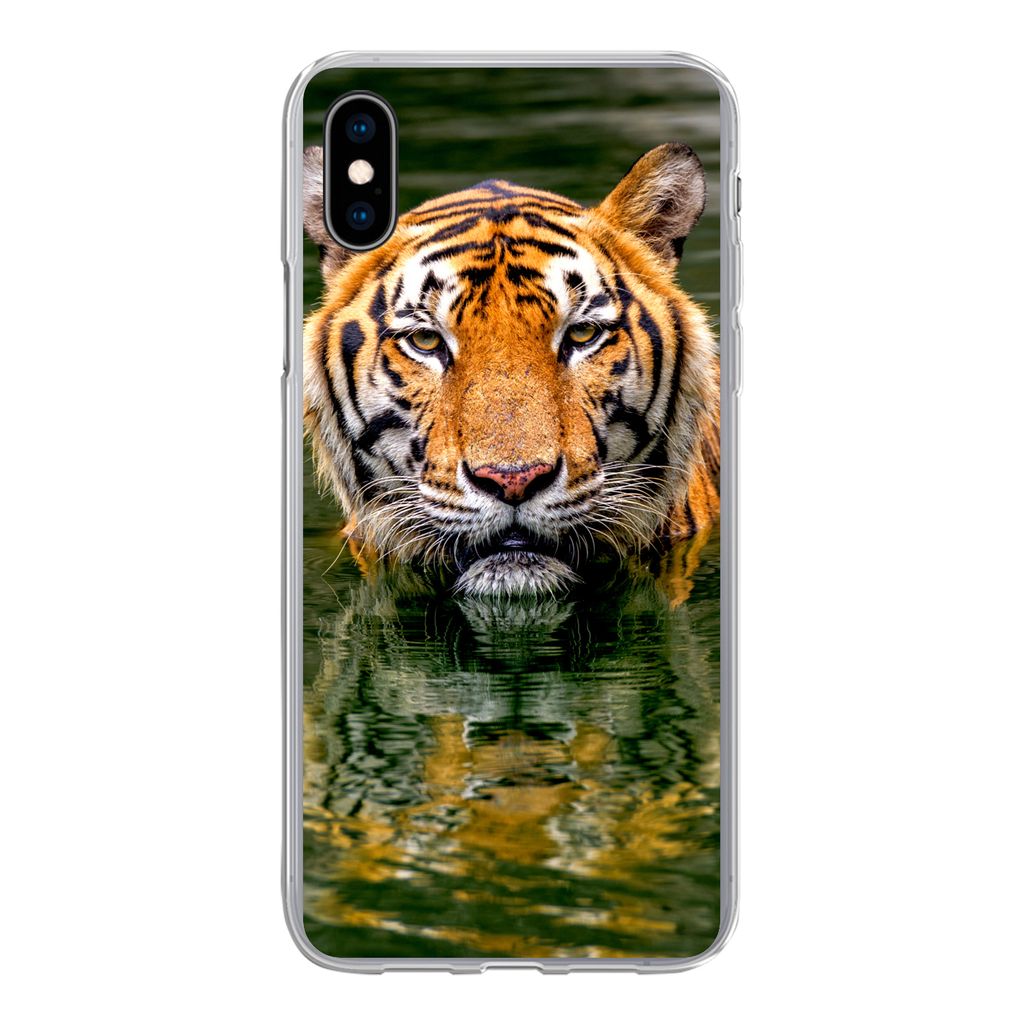 MuchoWow Handyhülle Schutzhülle Hülle für iPhone Xs Tiger - Wasser - Spiegelung Silikon Softcase Handy Hülle - Handytasche