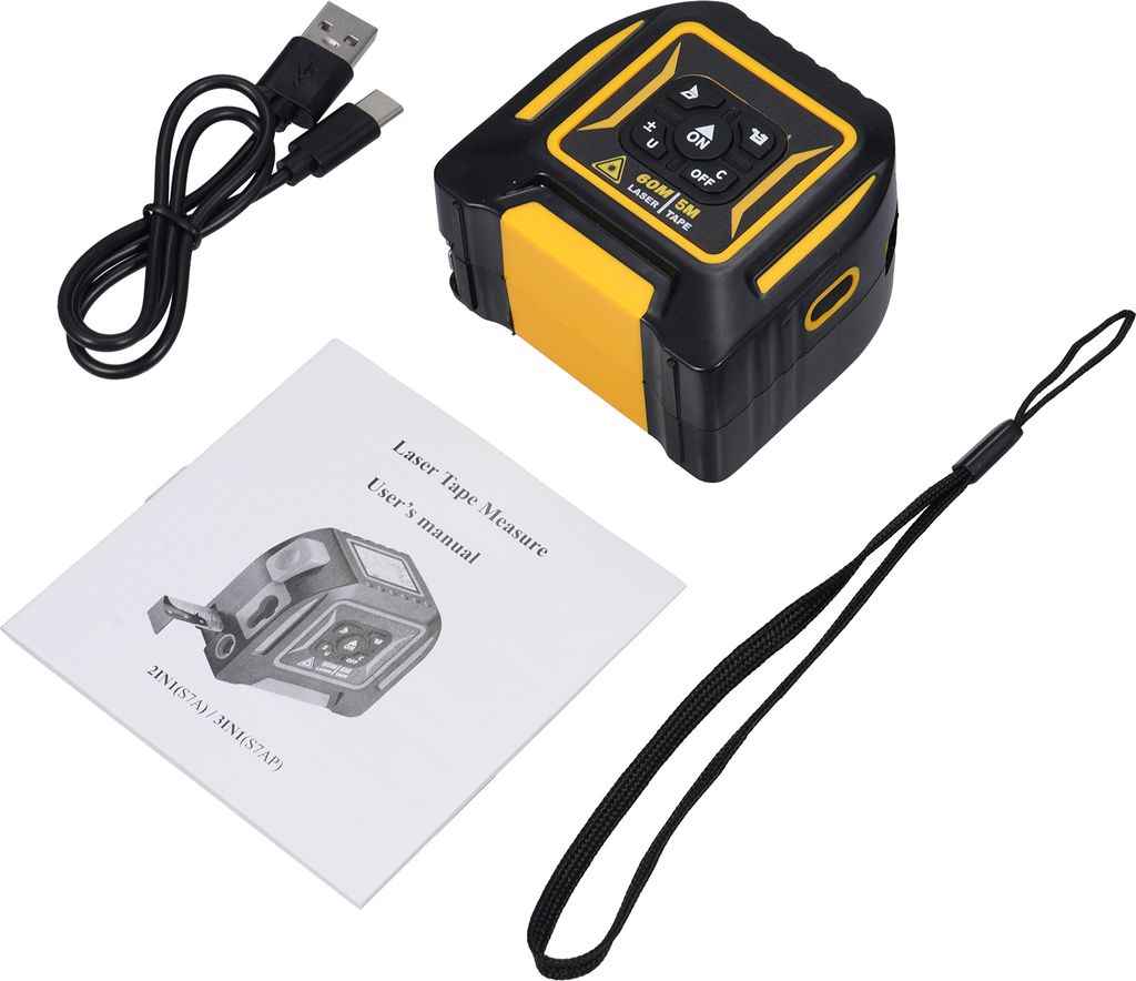60M 2in1 Laser-Entfernungsmesse 5m langes Maßband, m/ft/in/ft+in, 6 Laser-Messmodi, Kontinuität, Fläche, Volumen und pythagoräischer Messung