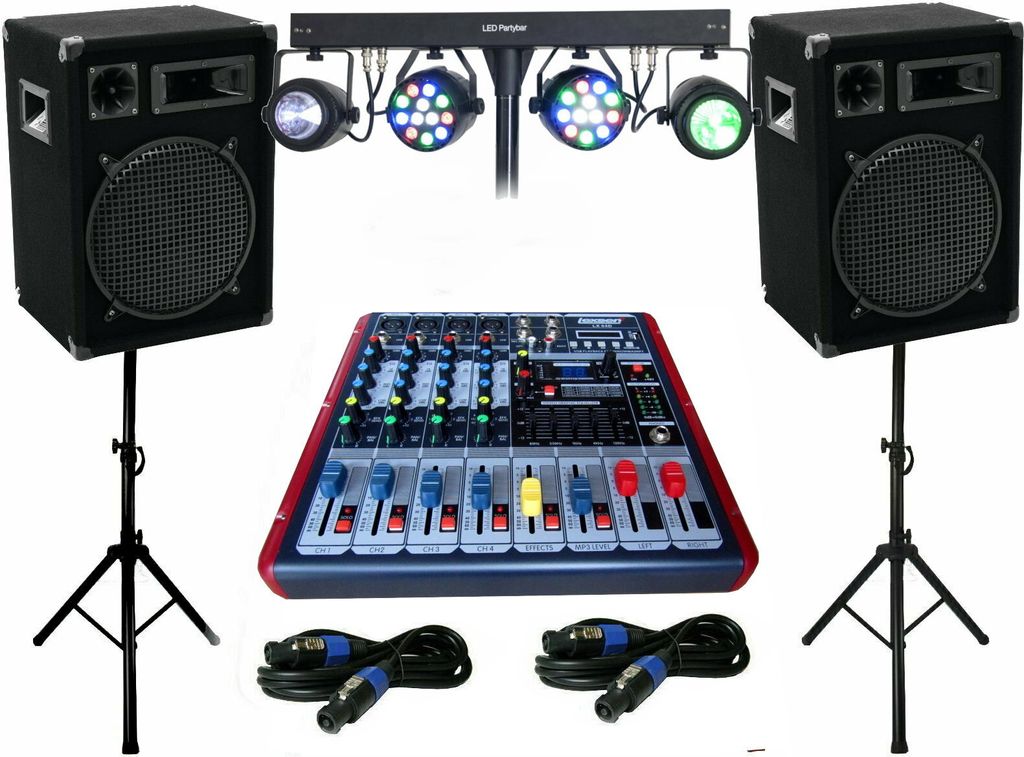 Powermixer Musik Anlage Lichtset Boxen Stativ Kabel 1800 Watt