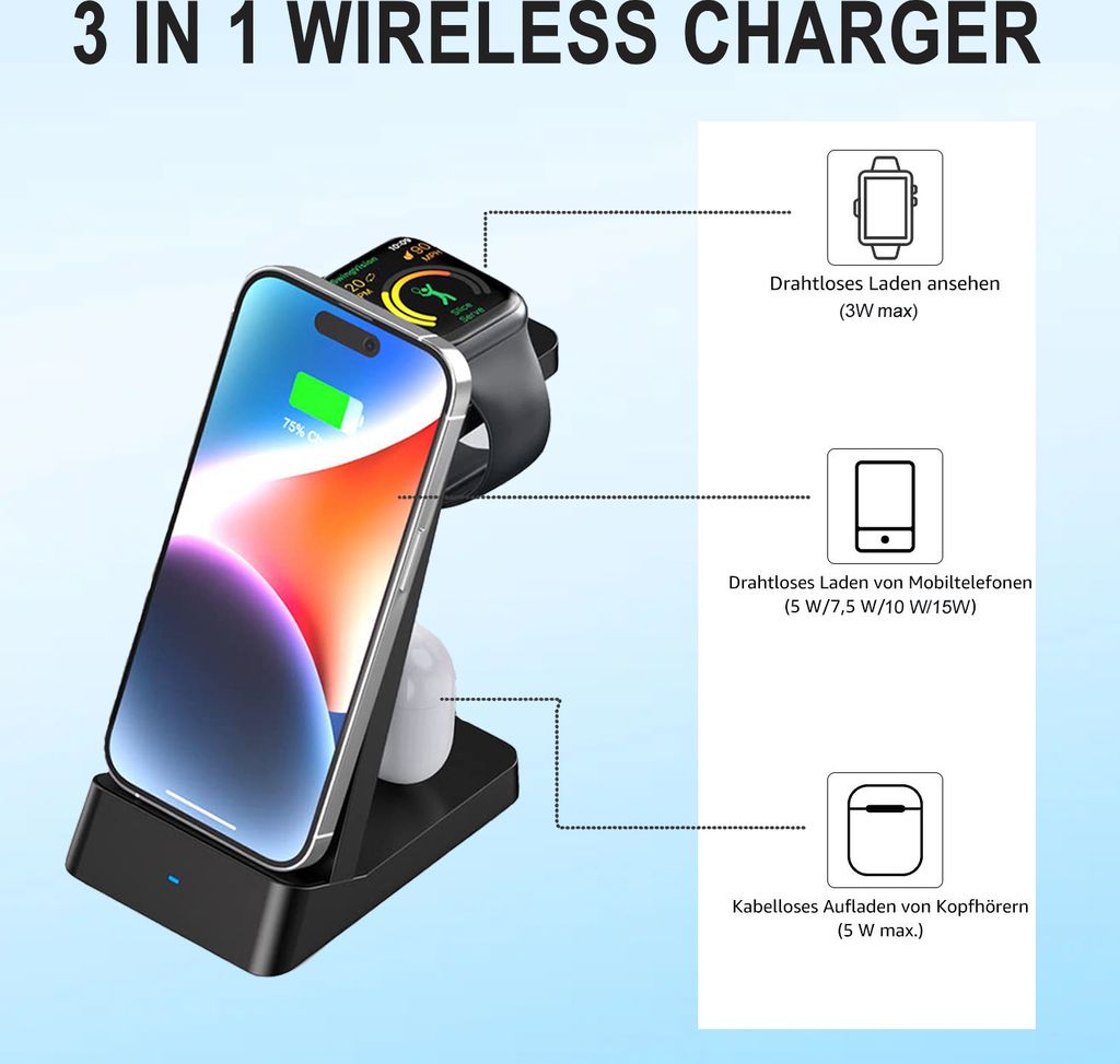 Kabellose 3-in-1 Ladestation für iPhone, Apple Watch und Produktbild 4