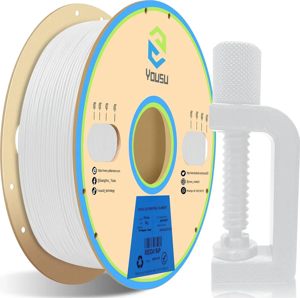 Filament PP YOUSU 1.75mm 1kg Blanc pour Imprimante 3D FDM Haute Qualité