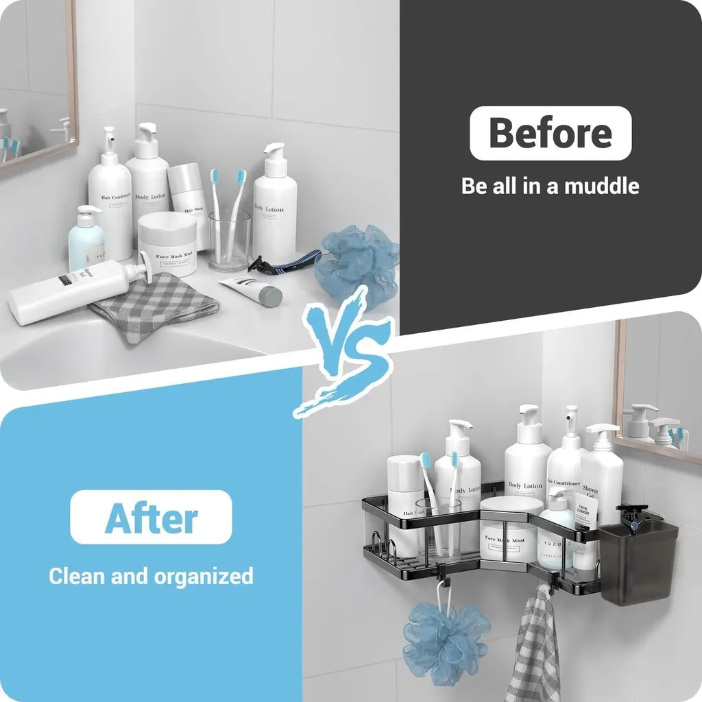 Étagère de Douche d'Angle en Acier Inoxydable Noir Mat sans Perçage - 4