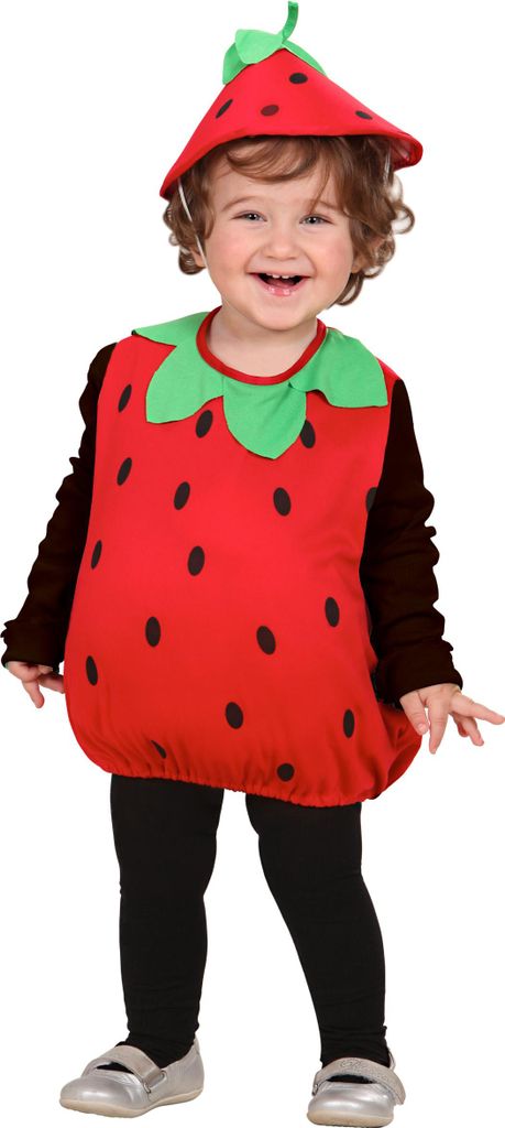 A young child wearing a strawberry costume.