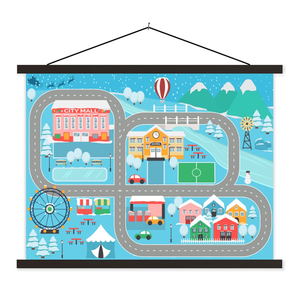 MuchoWow Textilposter Kinder - Auto - Winter - Vergnügungspark - Blau 60x45 cm mit schwarzem Rahmen - Poster Schlafzimmer