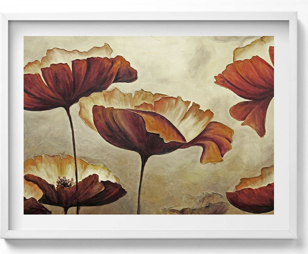 Gemalte Mohnblumen– Wandbild mit Rahmen – Gerahmtes Bild – Wanddekoration – 80x60 cm – Weiß Rahmen