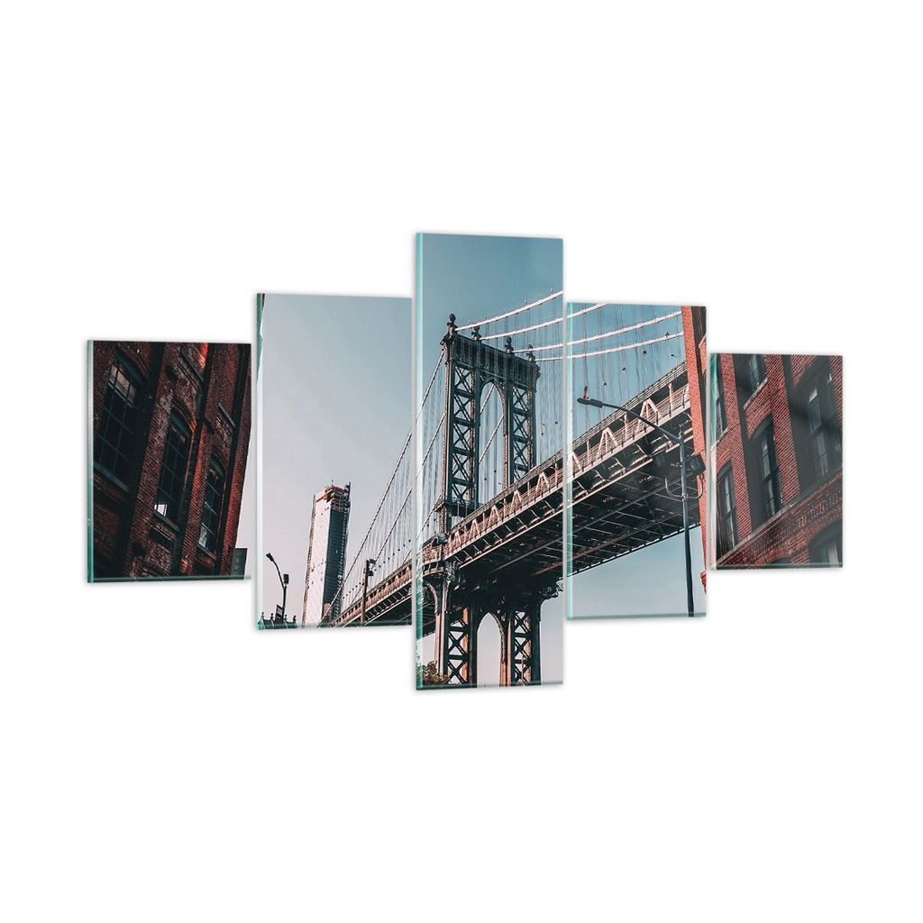 Bilder auf glas - 5 Teile - Manhattan Brücke Brücke - 125x70cm - Glasbilder - Wandbilder - Bilder - zum Aufhängen bereit - Wanddekoration aus Gl...