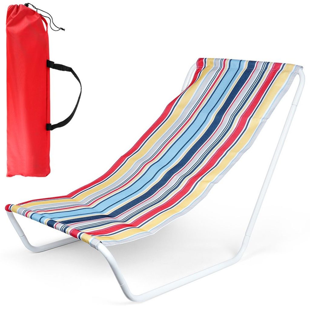 A striped beach chair and its red carrying bag are shown against a white background.