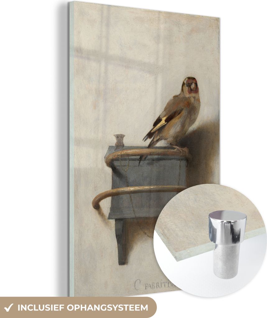 MuchoWow Glasbilder - Bilder auf Wandbild - Foto auf Glas Der Stieglitz - Carel Fabritius 80x120 cm Wanddekoration aus Glas - Acrylglasbild - Acryl...