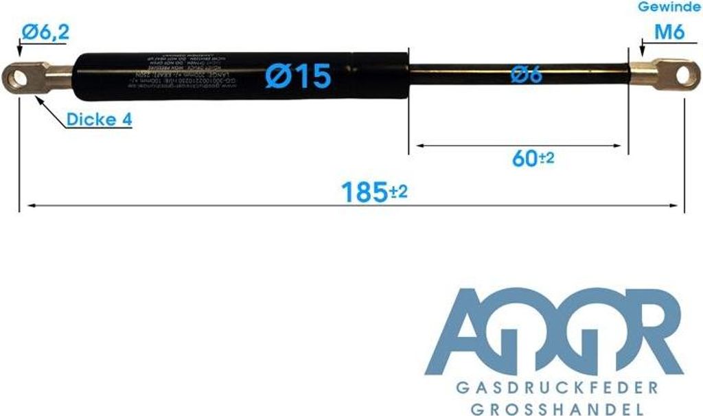 Gasdruckfeder Gasdruckdämpfer Augenaufnahme 185mm/60mm 50N-400N M6 15/6