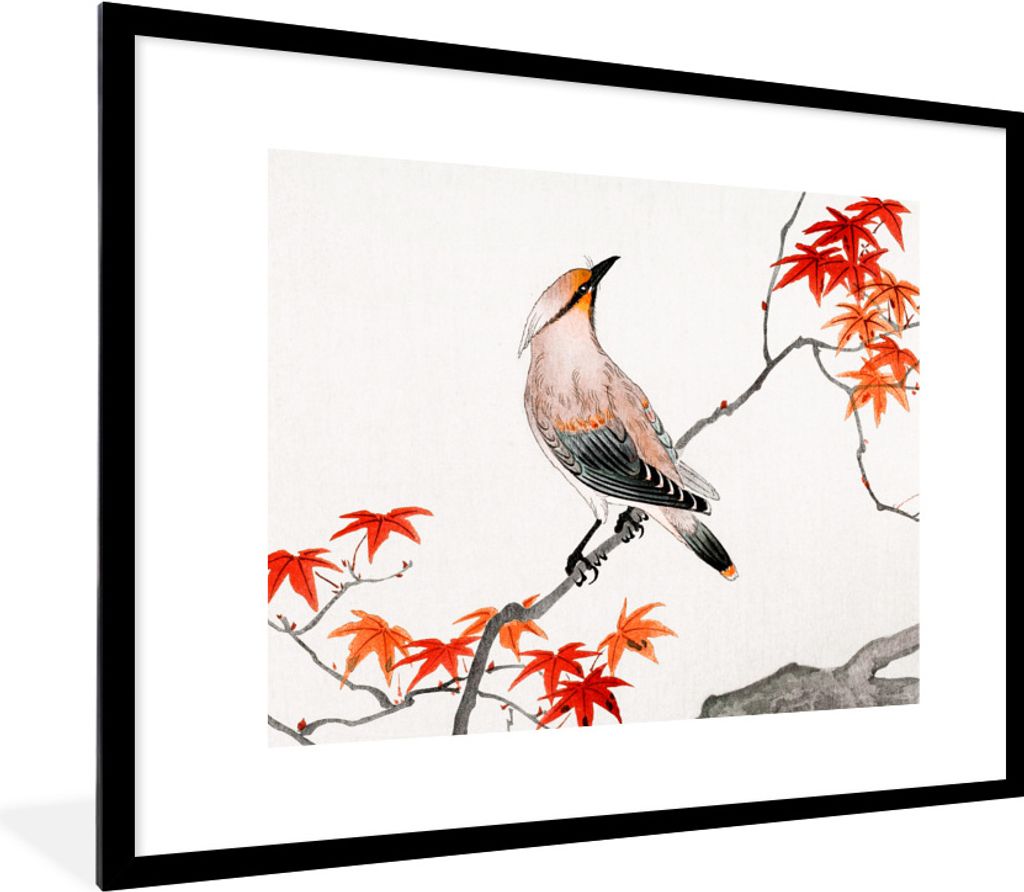 MuchoWow Gerahmtes Poster Vogel - Baum - Japanischer Ahorn - Vintage - Skandinavisch 80x60 cm - Poster mit Schwarzem Bilderrahmen Wandposter Rahm...