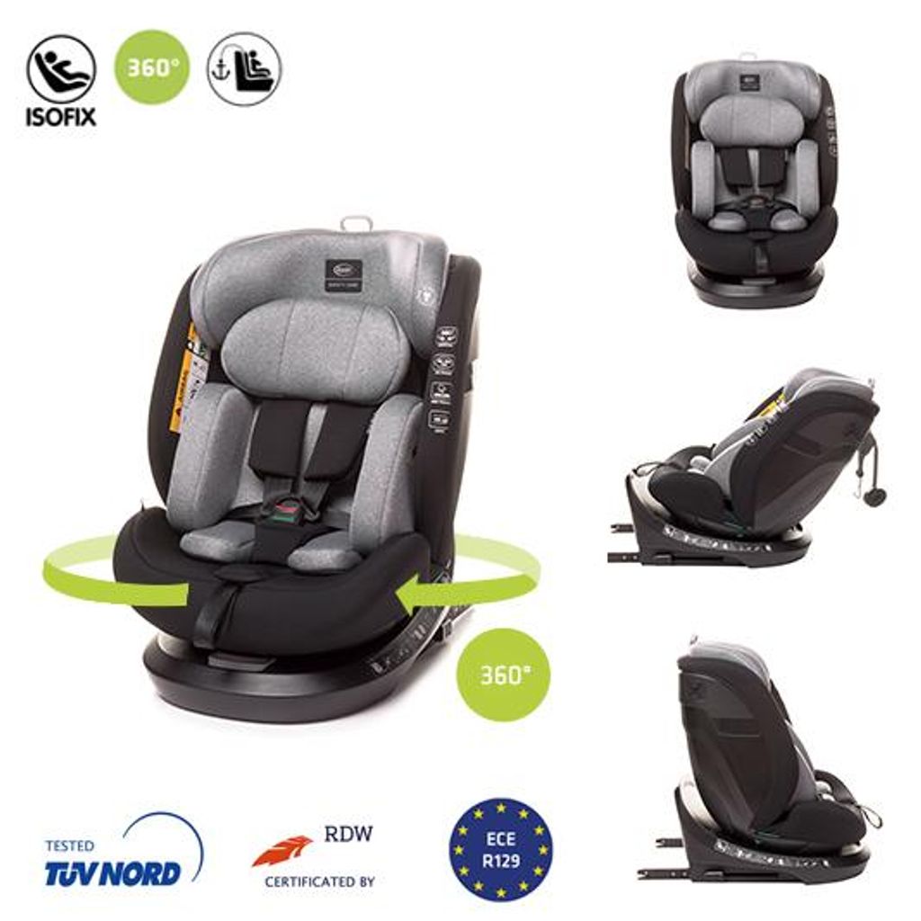 A collage of images showcasing a gray and black car seat from different angles and with informational icons.