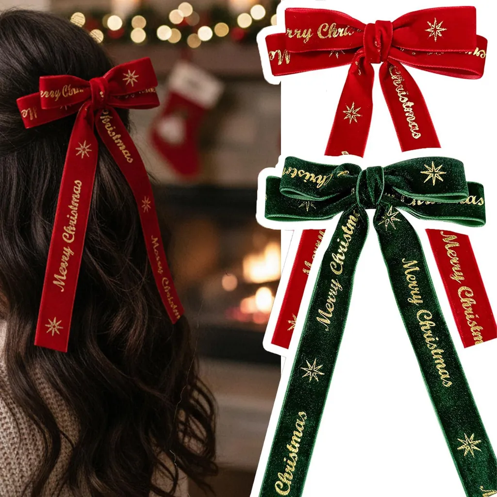 Grandes Barrettes de Noël en Velours Doux avec Nœuds Papillon et Clips