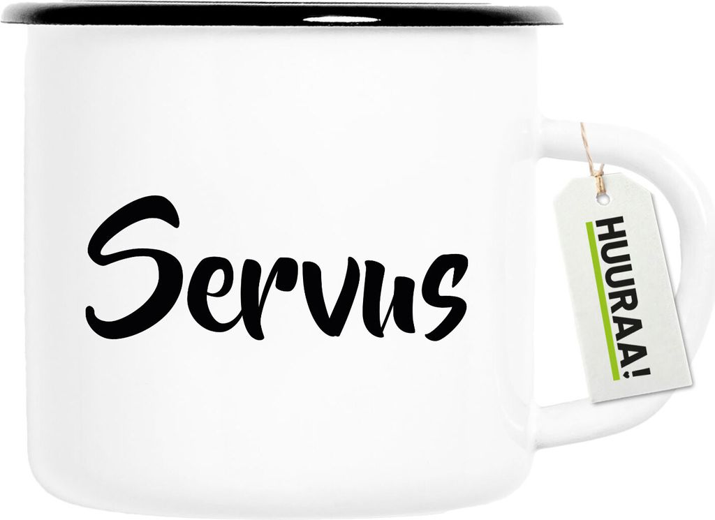 Huuraa Emaille Tasse Servus Schriftzug 300ml Vintage Campingbecher Geschenkidee