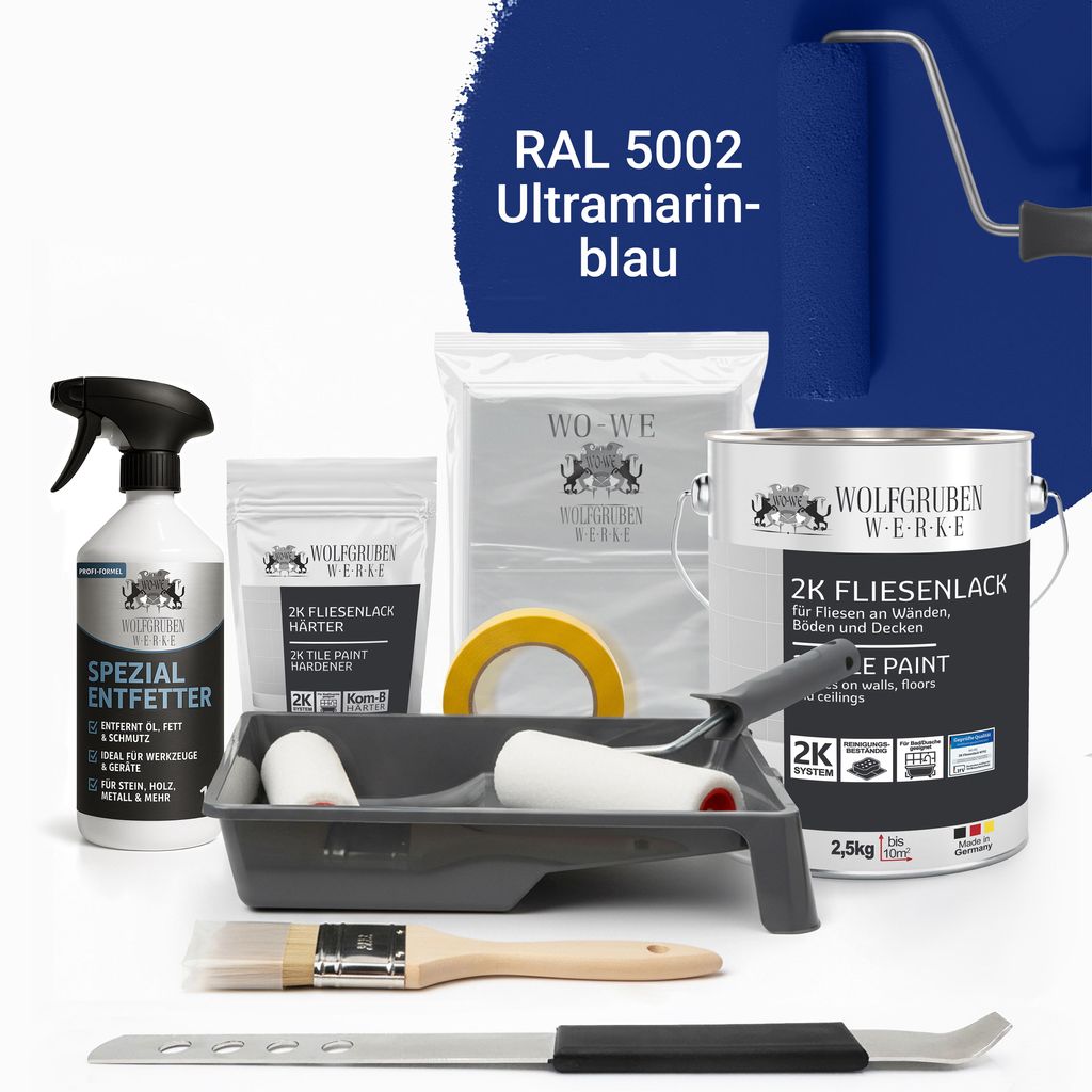 WO-WE Komplettset 2K Fliesenlack Renovierungsset für Küche, Badezimmer, Wand- & Bodenfliesen Ultramarinblau 2,5Kg