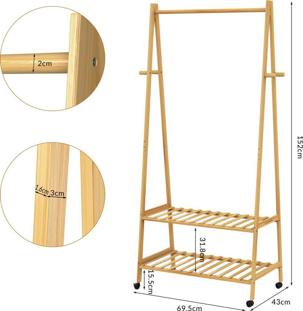 CASARIA® Wieszak na kółkach Drewniany stabilny bambusowy Zdjęcie produktu 8
